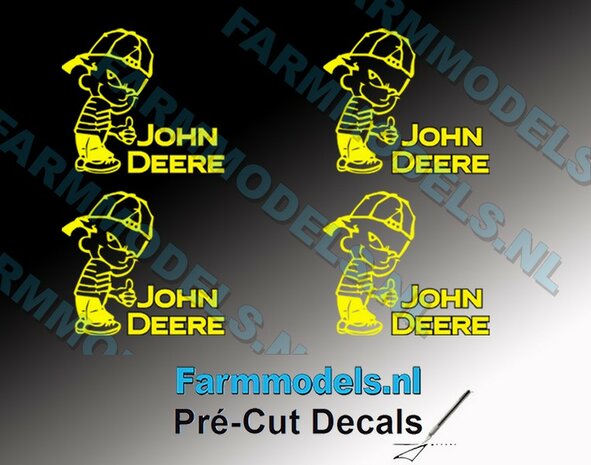 4x Ok&eacute; Calvin 20mm hoog V1 GEEL + tekst JOHN DEERE GEEL/ ZWART stickers op Transparant Pr&eacute;-Cut Decals 1:32 Farmmodels.nl 