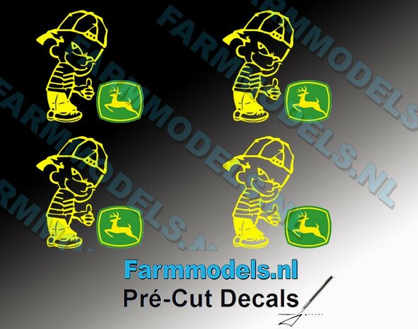4x Ok&eacute; Calvin 20mm hoog V1 GEEL + New Logo JD GEEL/ GROEN stickers op Transparant Pr&eacute;-Cut Decals 1:32 Farmmodels.nl 