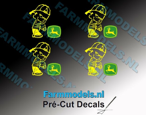 4x Ok&eacute; Calvin 15mm hoog V1 GEEL + New Logo JD GEEL/ GROEN stickers op Transparant Pr&eacute;-Cut Decals 1:32 Farmmodels.nl 