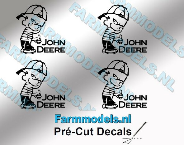 4x Ok&eacute; Calvin 20mm hoog V1 ZWART + tekst JOHN DEERE ZWART stickers op Transparant Pr&eacute;-Cut Decals 1:32 Farmmodels.nl 