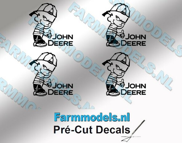 4x Ok&eacute; Calvin 15mm hoog V1 ZWART + tekst JOHN DEERE ZWART stickers op Transparant Pr&eacute;-Cut Decals 1:32 Farmmodels.nl 