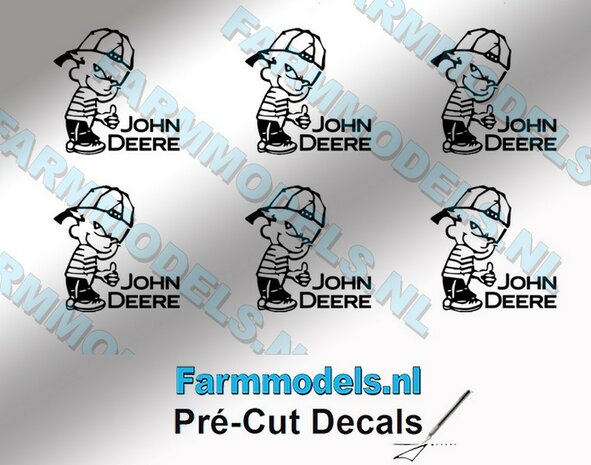 6x Ok&eacute; Calvin 10mm hoog V1 ZWART + tekst JOHN DEERE ZWART stickers op Transparant Pr&eacute;-Cut Decals 1:32 Farmmodels.nl 