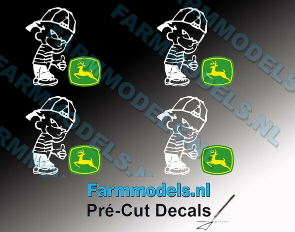 4x Ok&eacute; Calvin 20mm hoog V1 WIT + New Logo JD GEEL/ GROEN stickers op Transparant Pr&eacute;-Cut Decals 1:32 Farmmodels.nl 