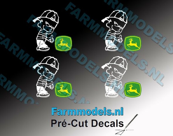 4x Ok&eacute; Calvin 15mm hoog V1 WIT + New Logo JD GEEL/ GROEN stickers op Transparant Pr&eacute;-Cut Decals 1:32 Farmmodels.nl 