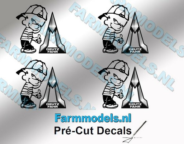 4x Ok&eacute; Calvin 20mm hoog V1 ZWART + new logo DEUTZ FAHR ZWART/ ZILVERGRIJS stickers op Transparant Pr&eacute;-Cut Decals 1:32 Farmmodels.nl 