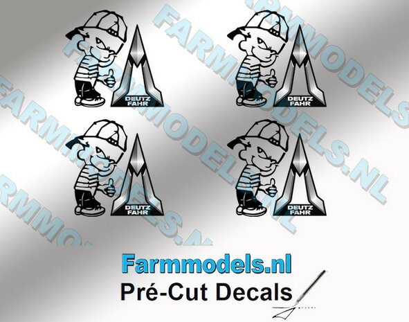 4x Ok&eacute; Calvin 15mm hoog V1 ZWART + new logo DEUTZ FAHR ZWART/ ZILVERGRIJS stickers op Transparant Pr&eacute;-Cut Decals 1:32 Farmmodels.nl 