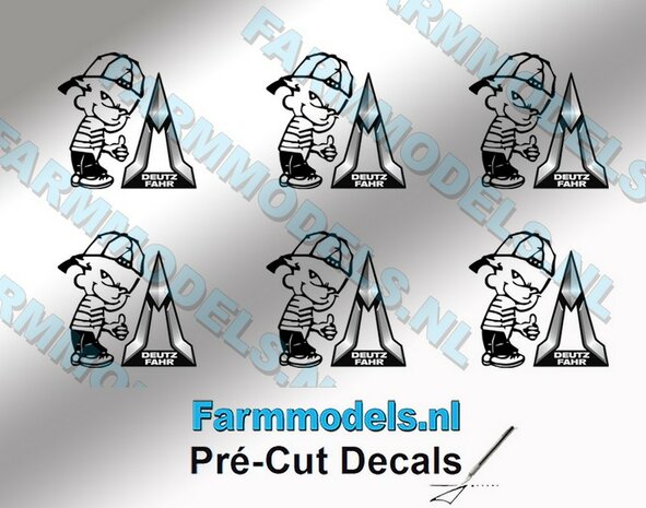 6x Ok&eacute; Calvin 10mm hoog V1 ZWART + new logo DEUTZ FAHR ZWART/ ZILVERGRIJS stickers op Transparant Pr&eacute;-Cut Decals 1:32 Farmmodels.nl 