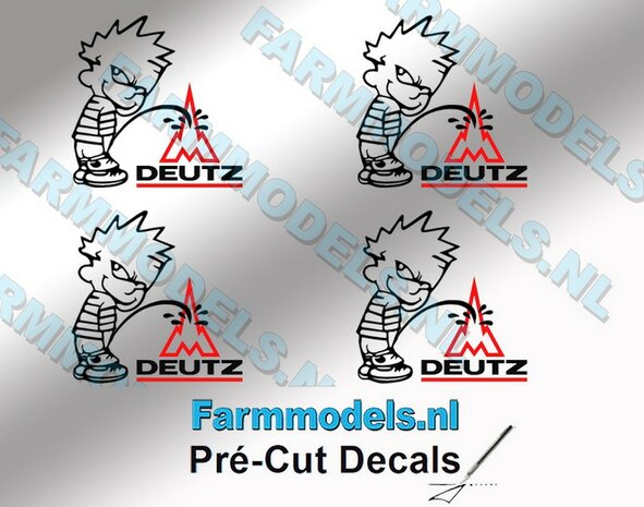 4x PISS ON Calvin 20mm hoog V1 ZWART + logo DEUTZ FAHR ZWART/ ROOD stickers op Transparant Pr&eacute;-Cut Decals 1:32 Farmmodels.nl 