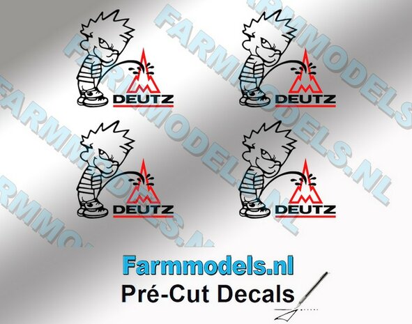 4x PISS ON Calvin 15mm hoog V1 ZWART + logo DEUTZ FAHR ZWART/ ROOD stickers op Transparant Pr&eacute;-Cut Decals 1:32 Farmmodels.nl 