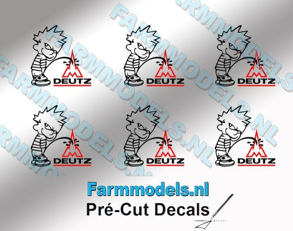 6x PISS ON Calvin 10mm hoog V1 ZWART + logo DEUTZ FAHR ZWART/ ROOD stickers op Transparant Pr&eacute;-Cut Decals 1:32 Farmmodels.nl 