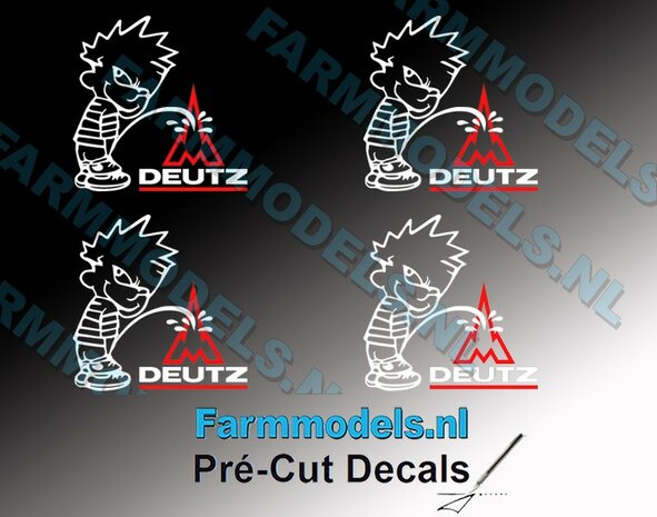 4x PISS ON Calvin 20mm hoog V1 WIT + logo DEUTZ FAHR WIT/ ROOD stickers op Transparant Pr&eacute;-Cut Decals 1:32 Farmmodels.nl 