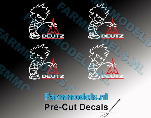 4x PISS ON Calvin 15mm hoog V1 WIT + logo DEUTZ FAHR WIT/ ROOD stickers op Transparant Pr&eacute;-Cut Decals 1:32 Farmmodels.nl 