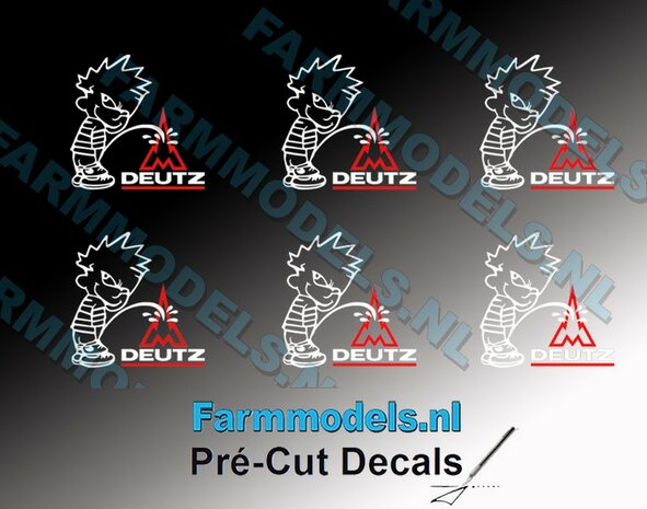 6x PISS ON Calvin 10mm hoog V1 WIT + logo DEUTZ FAHR WIT/ ROOD stickers op Transparant Pr&eacute;-Cut Decals 1:32 Farmmodels.nl 