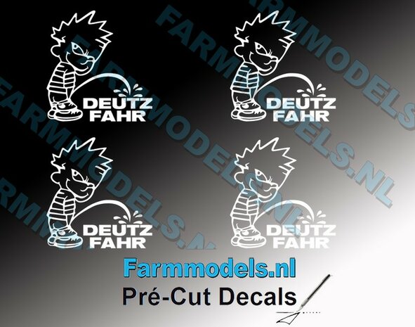 4x PISS ON Calvin 20mm hoog V1 WIT + tekst DEUTZ FAHR WIT stickers op Transparant Pr&eacute;-Cut Decals 1:32 Farmmodels.nl 