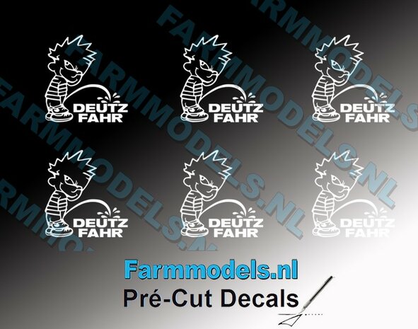 6x PISS ON Calvin 10mm hoog V1 WIT + tekst DEUTZ FAHR WIT stickers op Transparant Pr&eacute;-Cut Decals 1:32 Farmmodels.nl 