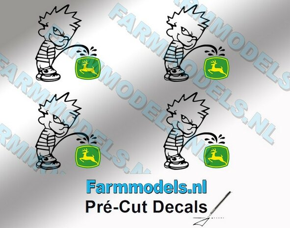 4x PISS ON Calvin 20mm hoog V1 ZWART + (new) JD logo GEEL/ GROEN stickers op Transparant Pr&eacute;-Cut Decals 1:32 Farmmodels.nl 