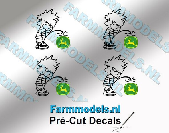 4x PISS ON Calvin 15mm hoog V1 ZWART + (new) JD logo GEEL/ GROEN stickers op Transparant Pr&eacute;-Cut Decals 1:32 Farmmodels.nl 