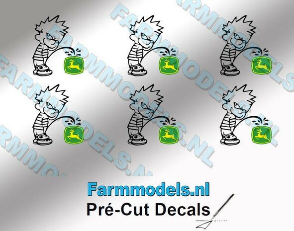 6x PISS ON Calvin 10mm hoog V1 ZWART + (new) JD logo GEEL/ GROEN stickers op Transparant Pr&eacute;-Cut Decals 1:32 Farmmodels.nl 