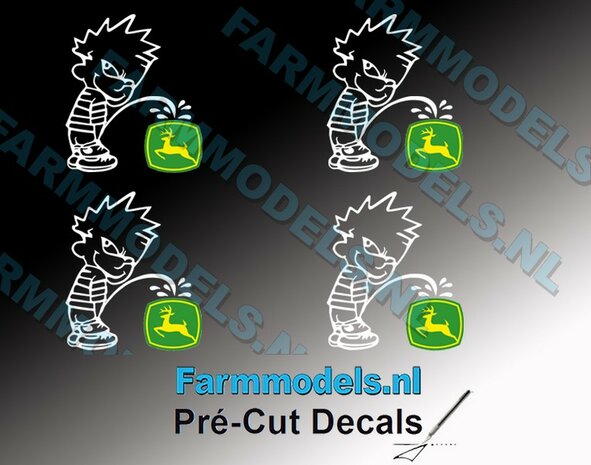 4x PISS ON Calvin 20mm hoog V1 WIT + (new) JD logo GEEL/ GROEN stickers op Transparant Pr&eacute;-Cut Decals 1:32 Farmmodels.nl 