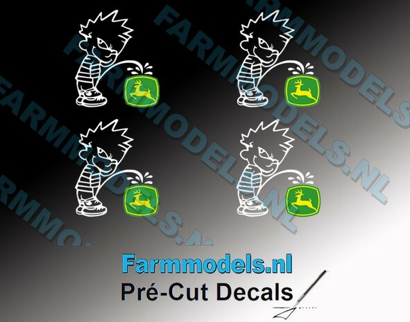 4x PISS ON Calvin 15mm hoog V1 WIT + (new) JD logo GEEL/ GROEN stickers op Transparant Pr&eacute;-Cut Decals 1:32 Farmmodels.nl 