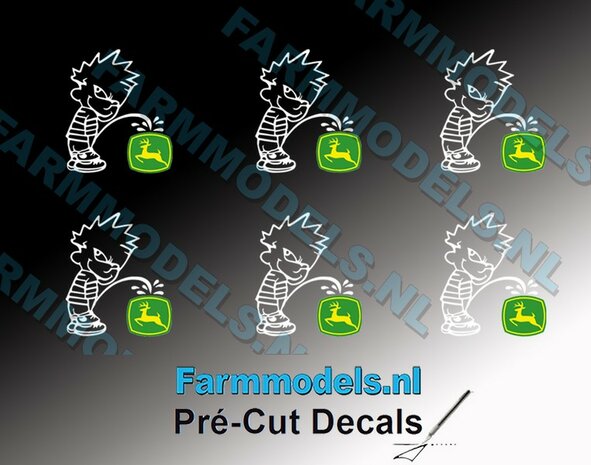 6x PISS ON Calvin 10mm hoog V1 WIT + (new) JD logo GEEL/ GROEN stickers op Transparant Pr&eacute;-Cut Decals 1:32 Farmmodels.nl 