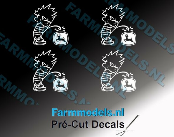 4x PISS ON Calvin 15mm hoog V1 WIT + (new) JD logo WIT stickers op Transparant Pr&eacute;-Cut Decals 1:32 Farmmodels.nl 