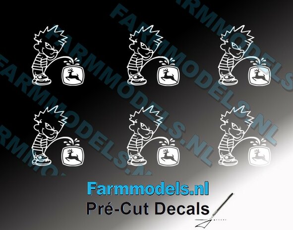 6x PISS ON Calvin 10mm hoog V1 WIT + (new) JD logo WIT stickers op Transparant Pr&eacute;-Cut Decals 1:32 Farmmodels.nl 