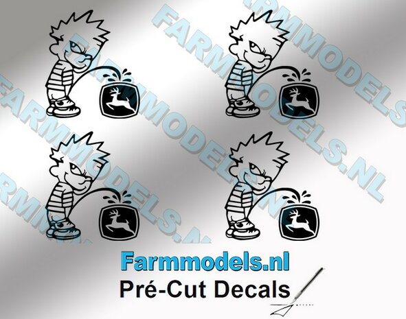 4x PISS ON Calvin 20mm hoog V1 ZWART + (new) JD logo ZWART stickers op Transparant Pr&eacute;-Cut Decals 1:32 Farmmodels.nl 