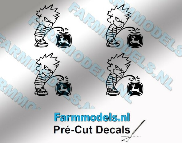 4x PISS ON Calvin 15mm hoog V1 ZWART + (new) JD logo ZWART stickers op Transparant Pr&eacute;-Cut Decals 1:32 Farmmodels.nl 