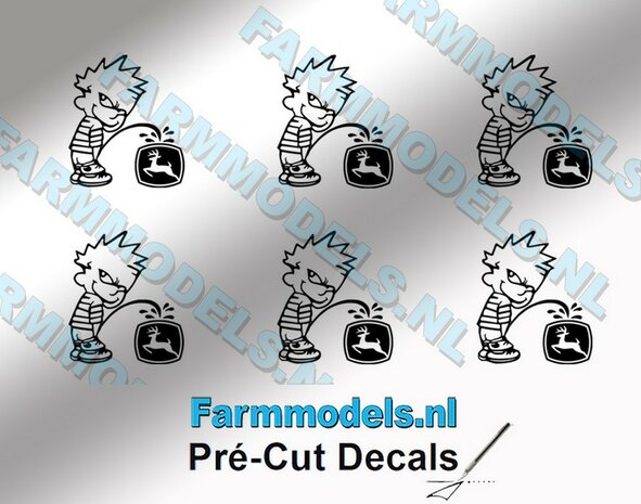 6x PISS ON Calvin 10mm hoog V1 ZWART + (new) JD logo ZWART stickers op Transparant Pr&eacute;-Cut Decals 1:32 Farmmodels.nl 