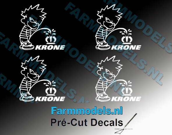 4x PISS ON Calvin 20mm hoog V1 WIT + KRONE (logo &amp; tekst) WIT stickers op Transparant Pr&eacute;-Cut Decals 1:32 Farmmodels.nl 