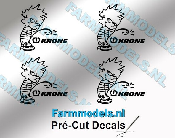 4x PISS ON Calvin 20mm hoog V1 ZWART + KRONE (logo &amp; tekst) ZWART stickers op Transparant Pr&eacute;-Cut Decals 1:32 Farmmodels.nl 