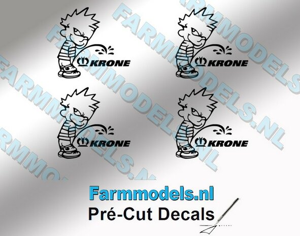 4x PISS ON Calvin 15mm hoog V1 ZWART + KRONE (logo &amp; tekst) ZWART stickers op Transparant Pr&eacute;-Cut Decals 1:32 Farmmodels.nl 