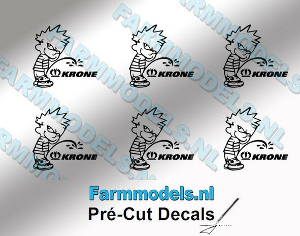 6x PISS ON Calvin 10mm hoog V1 ZWART + KRONE (logo &amp; tekst) ZWART stickers op Transparant Pr&eacute;-Cut Decals 1:32 Farmmodels.nl 