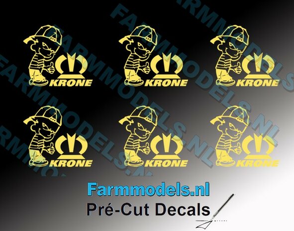 6x Ok&eacute; Calvin 10mm hoog V1 KRONE CREME + KRONE (tekst &amp; logo) KRONE CREME stickers op Transparant Pr&eacute;-Cut Decals 1:32 Farmmodels.nl 