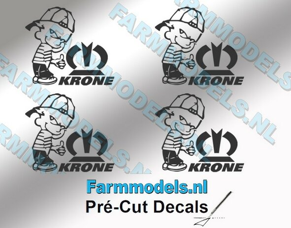 4x Ok&eacute; Calvin 20mm hoog V1 KRONE DONKERGRIJS + KRONE (tekst &amp; logo) KRONE DONKERGRIJS stickers op Transparant Pr&eacute;-Cut Decals 1:32 Farmmodels.nl 