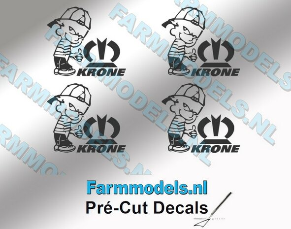 4x Ok&eacute; Calvin 15mm hoog V1 KRONE DONKERGRIJS + KRONE (tekst &amp; logo) KRONE DONKERGRIJS stickers op Transparant Pr&eacute;-Cut Decals 1:32 Farmmodels.nl 