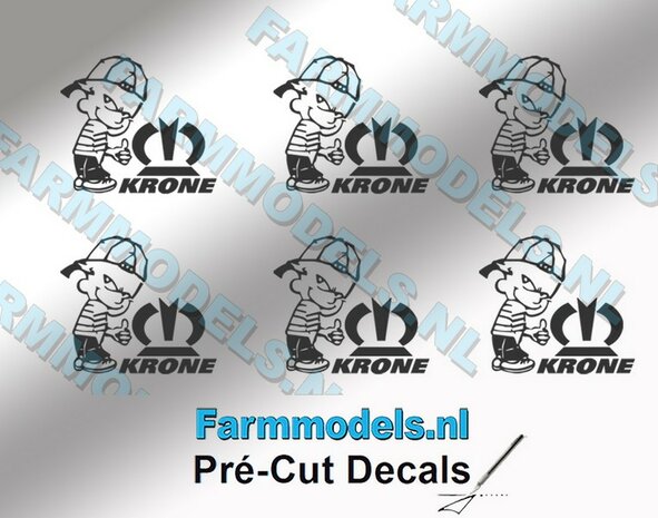 6x Ok&eacute; Calvin 10mm hoog V1 KRONE DONKERGRIJS + KRONE (tekst &amp; logo) KRONE DONKERGRIJS stickers op Transparant Pr&eacute;-Cut Decals 1:32 Farmmodels.nl 