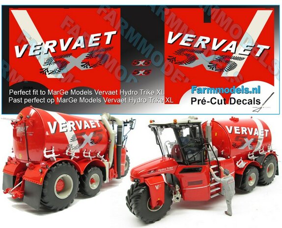 Complete set VERVAET 5x5 logo t.b.v. mesttank (links - rechts) incl. 2 stuks 5X5 t.b.v. neus, gemaakt op Vervaet DARK RED folie, geschikt voor MarGe Models Hydro Trike XL Pr&eacute;-Cut Decals 1:32 Farmmodel