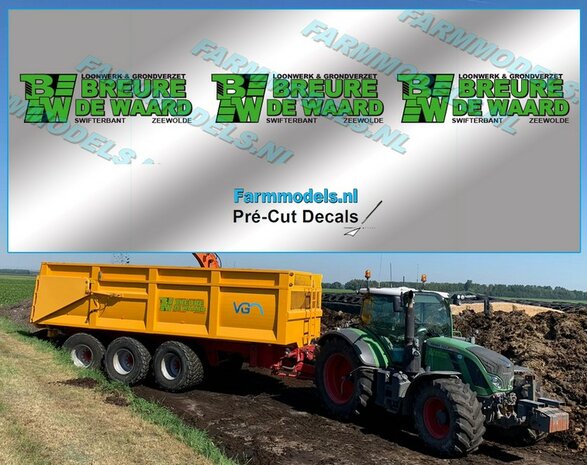 3x BREURE DE WAARD logo GROEN/ ZWART op transparante stickerfolie 9mm hoog Pr&eacute;-Cut Decals 1:32 Farmmodels.nl