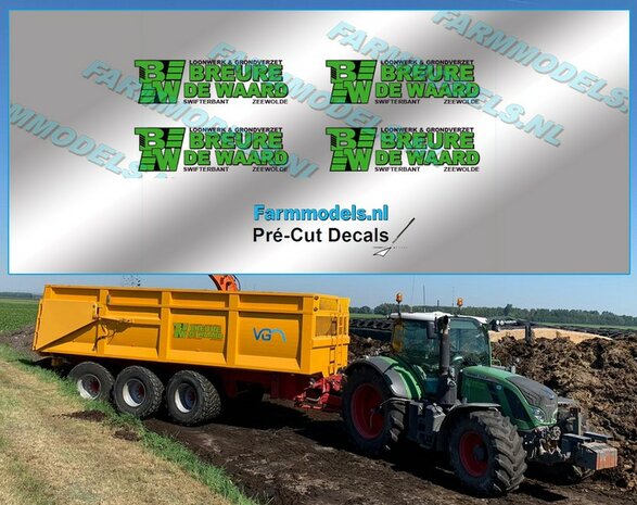 4x BREURE DE WAARD logo GROEN/ ZWART op transparante stickerfolie 5mm hoog Pr&eacute;-Cut Decals 1:32 Farmmodels.nl