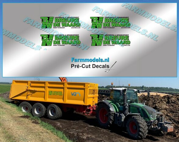 4x BREURE DE WAARD logo GROEN/ ZWART op transparante stickerfolie 4 mm hoog Pr&eacute;-Cut Decals 1:32 Farmmodels.nl