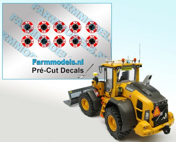 10x Brandblusser aansluitpunt (VOLVO) Shovel Sticker aanvulling set sticker/ Pr&eacute;-Cut Decals 1:32 Farmmodels.nl 