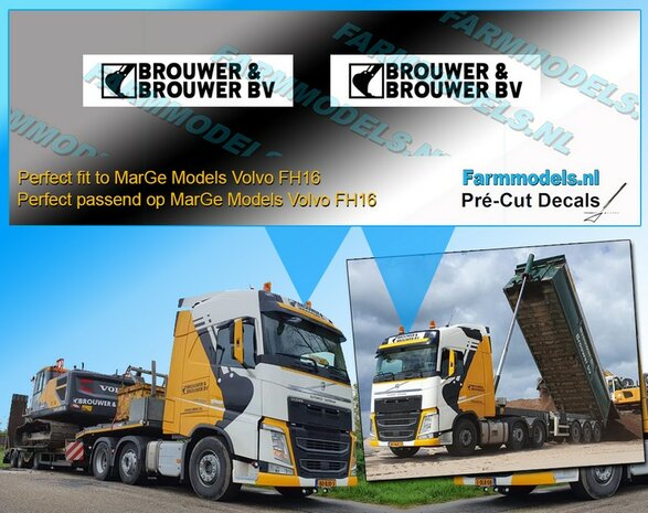 2x logo &amp; BROUWER &amp; BROUWER (onder elkaar) sticker t.b.v. Dakrand/ Cabine Volvo FH16 MarGe Models ZWART op witte stickerfolie Pr&eacute;-Cut Decals 1:32 Farmmodels.nl 