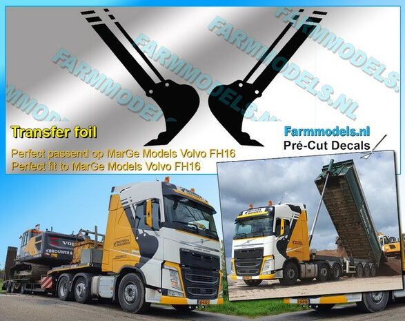 2x GIEKAFBEELDING van BROUWER &amp; BROUWER t.b.v. Cabine Volvo FH16 MarGe Models ZWARTE (Transfer-) FOLIE gesneden, ong. 34mm x 72mm sticker via applicatie folie aan te brengen 1:32 Farmmodels.nl