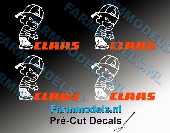 4x Ok&eacute; Calvin 20mm hoog V1 WIT + CLAAS tekst in ORANJE stickers op Transparant Pr&eacute;-Cut Decals 1:32 Farmmodels.nl 