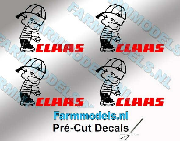 4x Ok&eacute; Calvin 20mm hoog V1 ZWART + CLAAS tekst in ROOD stickers op Transparant Pr&eacute;-Cut Decals 1:32 Farmmodels.nl 