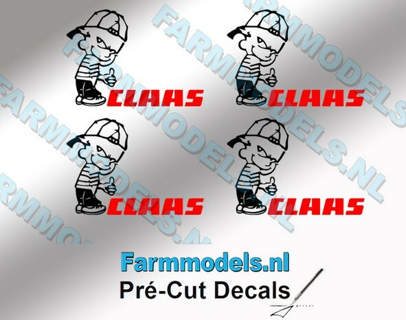 4x Ok&eacute; Calvin 15mm hoog V1 ZWART + CLAAS tekst in ROOD stickers op Transparant Pr&eacute;-Cut Decals 1:32 Farmmodels.nl 