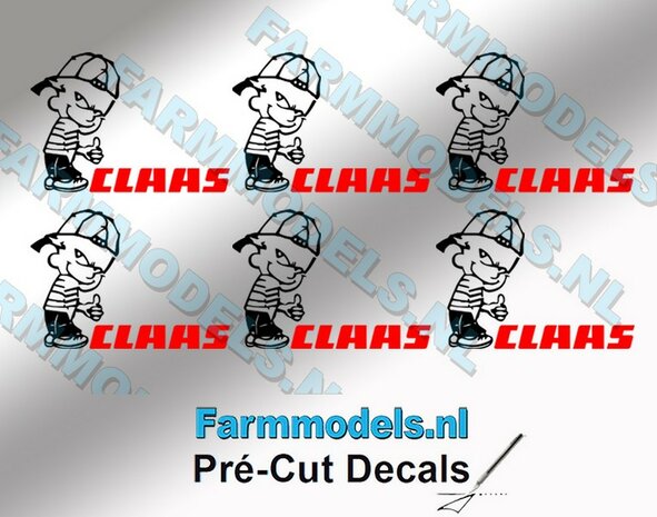 6x Ok&eacute; Calvin 10mm hoog V1 ZWART + CLAAS tekst in ROOD stickers op Transparant Pr&eacute;-Cut Decals 1:32 Farmmodels.nl 