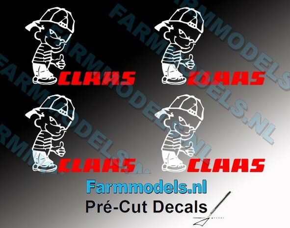4x Ok&eacute; Calvin 20mm hoog V1 WIT + CLAAS tekst in ROOD stickers op Transparant Pr&eacute;-Cut Decals 1:32 Farmmodels.nl 
